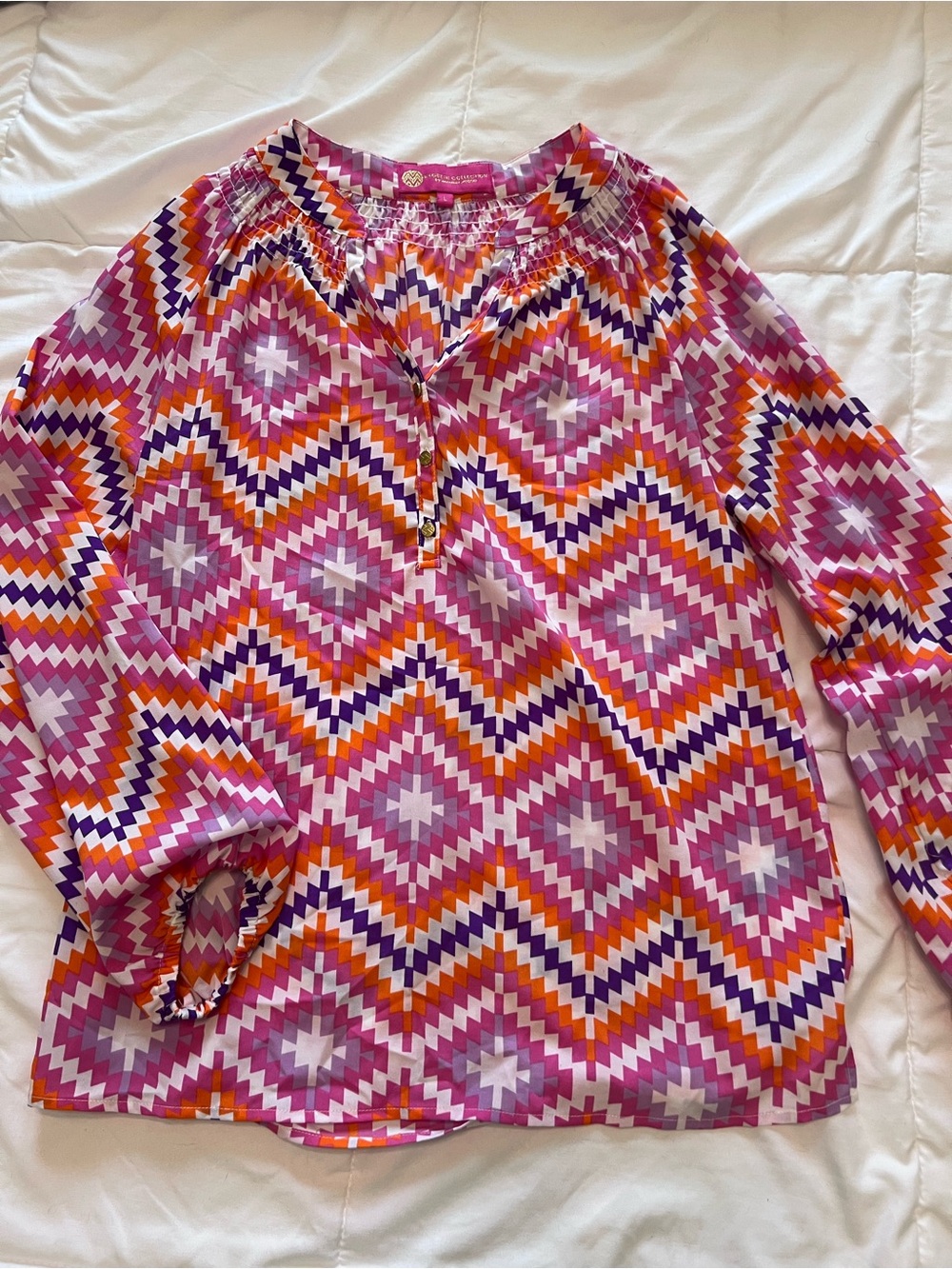 Geo-Print Peasant Blouse in Pink and Orange